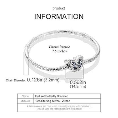 MULA 925 Sterling Silver Snake Chain Charm Bracelet Butterfly Sunflower Heart with 5A Cubic Zirconia Bracelets for Women - color: Butterfly, size: 7.5in (fit wrist size 6.3in )