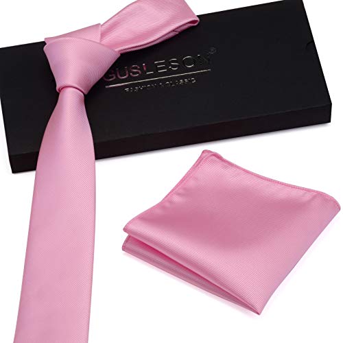 GUSLESON 2.4" Slim Necktie and Handkerchief Set For Men Solid Skinny Tie Set - color: Light Pink