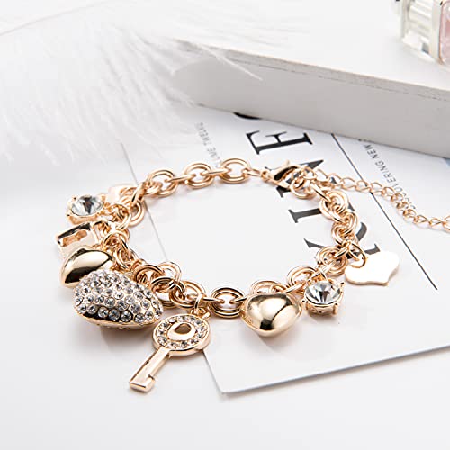 SILANER Gold Chain Link Bracelet - 7"+ 2" Extender 14K Gold Plated Love Locked Bracelets for Women, with Crystal, Love Heart,Key, Lock, Charm Bracelet - color: Love Locked Gold Charm