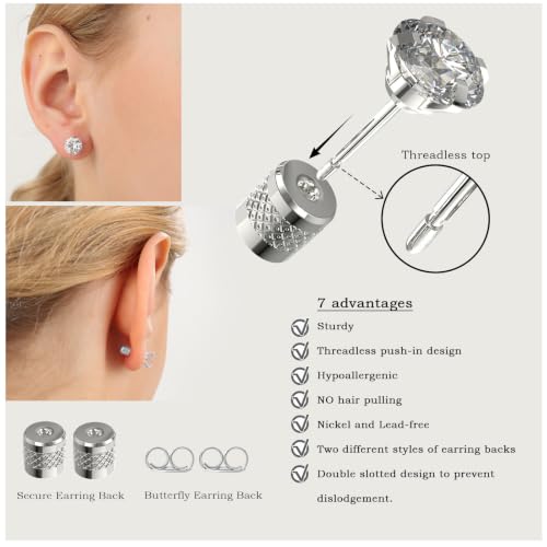 5-6 pairs Push-in Flat Back Stud Earrings Hypoallergenic Surgical Stainless Steel Cubic Zirconia Earrings Studs Set Multi-Pack, CZ Stud Earrings for Women Men Trendy Cartilage Stud Earrings 2-8mm - color: Silver-4/5/6/7/8/mm