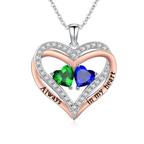 Heart Birthstone Necklace for Women 14K Rose Gold/White Gold Filled Overlapping Double Hearts Pendant Anniversary Valentine's Day Birthday Mother's Day Christmas Gifts for Wife Mom Daughter Her - color: 05-09-May-Sep Birthstone-A, style: Double-Layered Lo