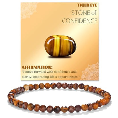 Natural Faceted Crystal Bracelet for Women,4mm Gemstone Round Beads Bracelets Adjustable Stretchy Healing Crystal Beads Bracelets Dainty Jewelry Gift - color: Tiger Eye
