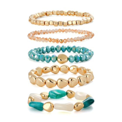 GOOJIDS Multilayer Colorful Gold Beaded Stackable Bracelets For Women Set Bohemia Heart Charm Strand Bracelets Friendship Elastic Wristbands Summer Beach Boho Vacation Jewelry - color: D-Blue Beads Set