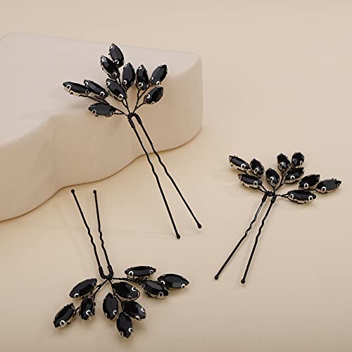 Teyglen 3pcs Bridal Crystal Hair Pins Rhinestones Hair Pieces Simple Black Crystal Wedding Hair Pins Handmade Hair Accessories for Women Bride Girls (Black) - color: Black