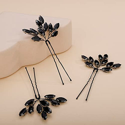Teyglen 3pcs Bridal Crystal Hair Pins Rhinestones Hair Pieces Simple Black Crystal Wedding Hair Pins Handmade Hair Accessories for Women Bride Girls (Black) - color: Black