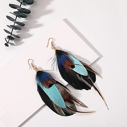 Bohemian Long Feather Earrings for Women Handmade Natural Dangle Tassel Jewelry - color: Style I