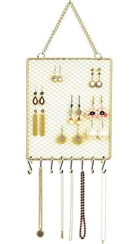 Heshouer Rectangular Earring Wall Holder, Gold. | Wall Mounted, 8 Hooks & Small Grid, For Earrings Necklace, Decorative, For Bedroom Closet Home Decor - size: Rectangular