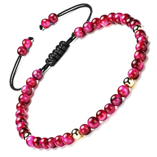 Natural Stone&925 Sterling Silver/18K Gold Anklet,│4MM│9-12 in│, Hand Woven, Adjustable Size - color: Rose Tiger's Eye Anklet,4MM