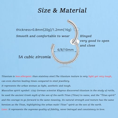 Lantine G23 Titanium Nose Rings Hoops Seamless Clicker Cz Nose Septum Piercings Rings Cute Diamond Hinged 16g 20g Cartilage Conch Daith Helix Tragus Piercing Jewelry - color: Gold, size: 16g 8mm