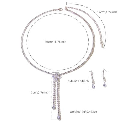 Women's Fashion Jewelry Rhinestone Zircon Necklace and Earring Set Formal Ball Gown Accessories Silver Floral Pendant Bridal Wedding Jewelry Suitable for Weddings, Balls, Banquets, and All Special Occasions - style: GST012