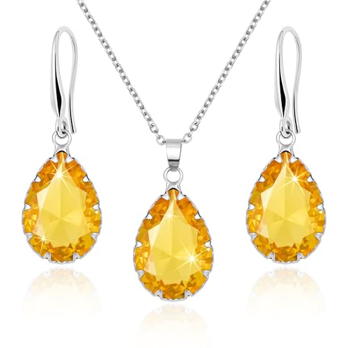 Linawe Crystal Jewelry Sets for Women, Imitation Diamond Pendant Necklace, Rhinestone Drop Dangle Earrings, Birthstone Cubic Zirconia Matching Wedding Jewelry, 14K Gold/Rose Gold/Silver Tones - color: Silver,Yellow,June