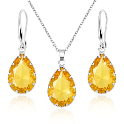 Linawe Crystal Jewelry Sets for Women, Imitation Diamond Pendant Necklace, Rhinestone Drop Dangle Earrings, Birthstone Cubic Zirconia Matching Wedding Jewelry, 14K Gold/Rose Gold/Silver Tones - color: Silver,Yellow,June