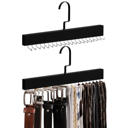 StorageWorks Tie Hanger with 20 Swivel Hooks, 2 Pack Wooden Hanger, Black | Sturdy Black Tie Wooden Hanger with 180° Swivel Hooks, Space Saver Rack for Ties, Belts, Scarves in Closet - color: Black