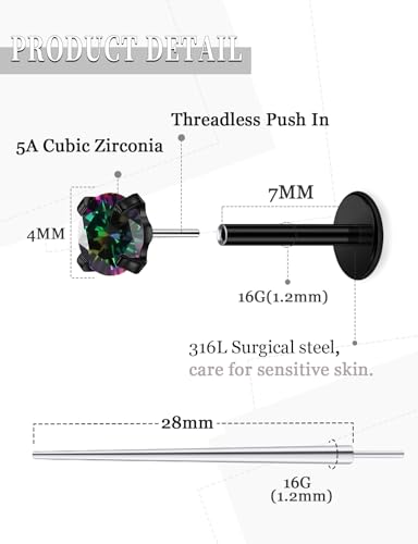 20G 18G 16G Threadless Nose Rings Studs Flat Back Earrings Surgical Stainless Steel CZ Nose Rings Stud Tragus Helix Conch Cartilage Earrings Stud Piercing Jewelry For Women Men Hypoallergenic - color: Black-Rainbow CZ, size: 16 Gauge-7mm Bar-4mm CZ