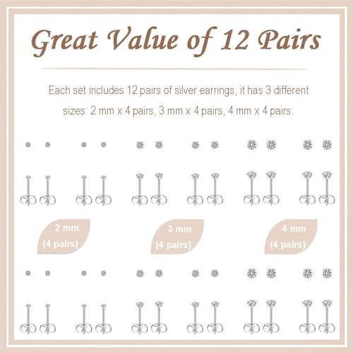 12 Pairs Stud Earrings Set, Hypoallergenic Surgical Stainless Steel 316L Earring for Women Men, Small Earring Studs Pack with Cubic Zirconia - color: Silver-2mm x 4 Pairs + 3mm x 4 Pairs+4mm x 4 Pairs