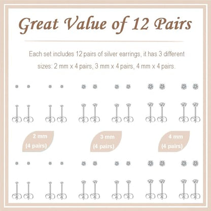 12 Pairs Stud Earrings Set, Hypoallergenic Surgical Stainless Steel 316L Earring for Women Men, Small Earring Studs Pack with Cubic Zirconia - color: Silver-2mm x 4 Pairs + 3mm x 4 Pairs+4mm x 4 Pairs
