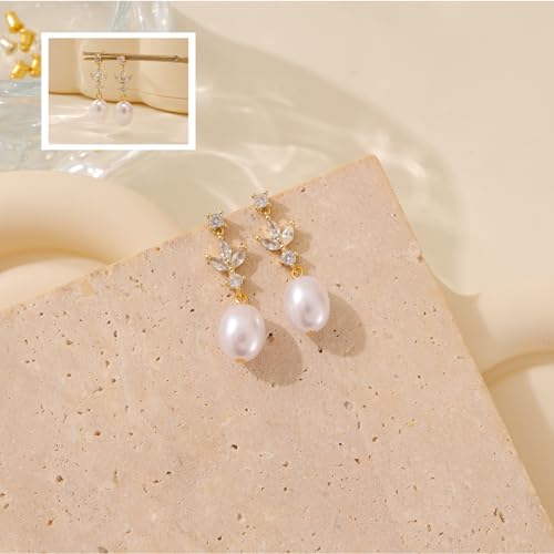 Pearl Earrings for Women:Gold Wedding Dangle Drop Earring Pearl Jewelry | 14K Gold Plated Pearl Drop Earrings for Women,Dainty Wedding Bride Earring Studs,Gold Dangle Drop Earring,Waterproof Jewelry - size: 1 pcs-14