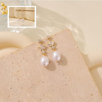 Pearl Earrings for Women:Gold Wedding Dangle Drop Earring Pearl Jewelry | 14K Gold Plated Pearl Drop Earrings for Women,Dainty Wedding Bride Earring Studs,Gold Dangle Drop Earring,Waterproof Jewelry - size: 1 pcs-14