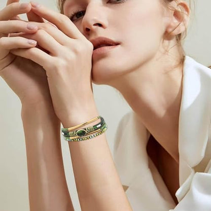 NEWITIN 2 Pieces Leather Wrap Bracelets for Women Leather Cuff Bangle Bracelets Boho Multi-Layer Bracelet Crystal Beads Bracelet for Women - color: Brown Green