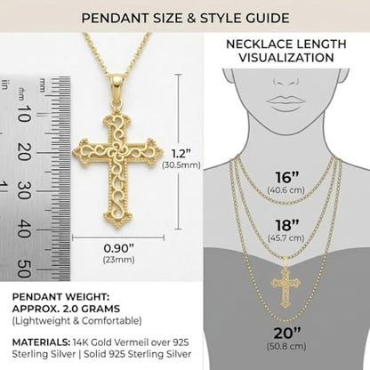 Takar 14K Gold Vermeil and 925 Sterling Silver Filigree Cross Pendant Necklace for Women, Open Work Christian Jewelry, Optional Rolo Chain - color: 14K Gold Vermeil