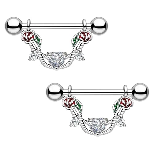 2pcs 14G Nipple Rings Flower Nipple Bars Surgial Steel 316L Nipple Piercing Jewelry Heart Nipple Barbell for Women - color: WHITE HEART