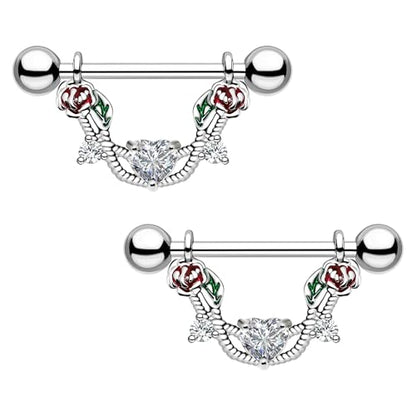 2pcs 14G Nipple Rings Flower Nipple Bars Surgial Steel 316L Nipple Piercing Jewelry Heart Nipple Barbell for Women - color: WHITE HEART