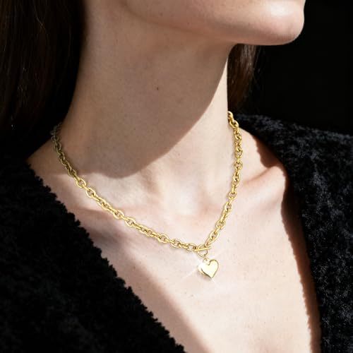 Chunky Gold Necklace for Women, 18K Waterproof Heart Necklace Statement Necklace Gold Charm Necklace Chunky Jewelry Paperclip Chain Choker Gift for Women - style: OT Chunky Chain Heart