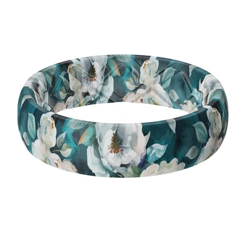 Egnaro Silicone Statement Ring Women, Floral Patterned Rubber Wedding Band | 5.2mm Wide 2mm Thick Printed Style, Inner Arch and Breathable X Grooves for Gym Workout Travel Work Pregnancy Daily Wear - color: SETB-Midnight Peony