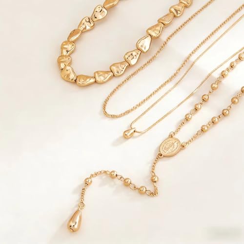 Gold Lariat Necklace for Women Y Shaped Long Gold Chunky Layered Statement Chest Chain with Beads and Pendant Birthday Jewelry Gifts