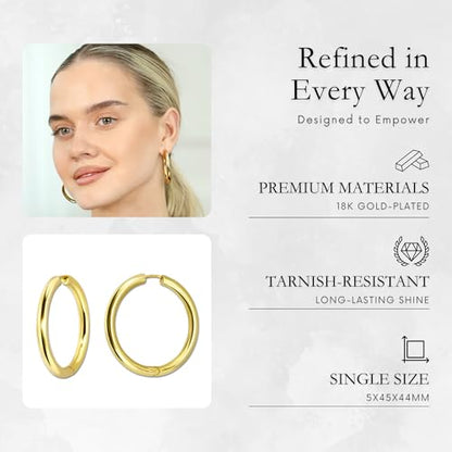 18K Gold Plated Sterling Silver Earrings for Women – Pure & Polished, Twist, Square, Hinged Tube, Abstract & Heart Shape Hoops – Lightweight, Hypoallergenic, Non-Tarnish Jewelry (Sizes: 3x35mm-46x30mm) - color: Gold, size: Hinged Tube (5x45mm)