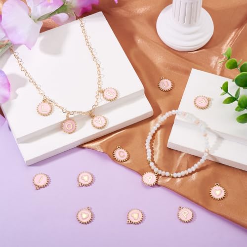Cheriswelry Letter Alphabet Charm for Jewelry Making Initial Letter A-Z Pendants Flat Round Hexagon Alloy Enamel Charms for Necklace Bracelet Earring Jewelry Making DIY Craft - color: Pink