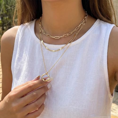 Poxtex Layered Gold Necklaces for Women, Stackable Dainty 14K Gold Silver Plated Trendy Simple Heart Diamond Cross Bow Circle Pendant Paperclip Choker Dot Chain Necklace,Jewelry Set Gifts for Women - color: Gold, style: Circle1