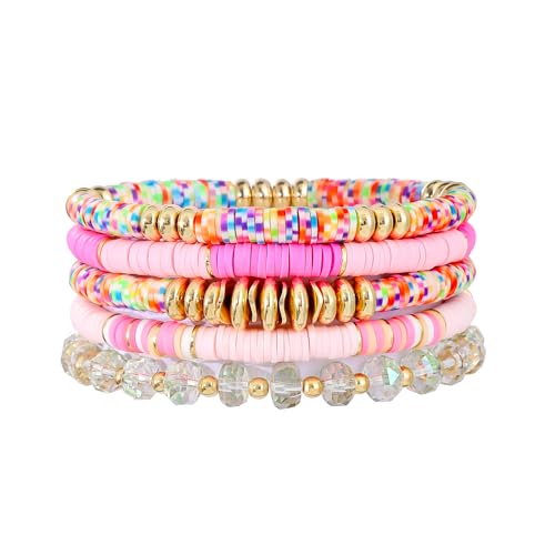 Summer Surfer Heishi Bracelet Set for Women Stackable Gold Plated Clay Ploymer Bead Stretch Pink Beach Layering Bracelets Jewelry - color: B-A1