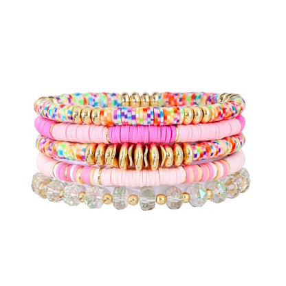 Summer Surfer Heishi Bracelet Set for Women Stackable Gold Plated Clay Ploymer Bead Stretch Pink Beach Layering Bracelets Jewelry - color: B-A1