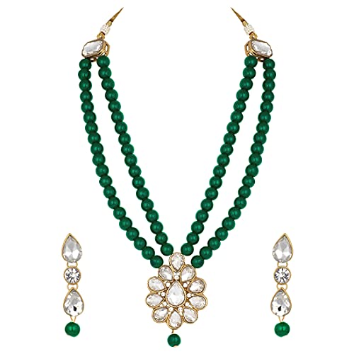 Aheli Wedding Faux Kundan Pendant Beaded Necklace Earrings Set Bollywood Indian Bharatanatyam jewellery set Gift for Women - color: Green