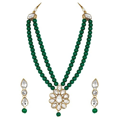 Aheli Wedding Faux Kundan Pendant Beaded Necklace Earrings Set Bollywood Indian Bharatanatyam jewellery set Gift for Women - color: Green