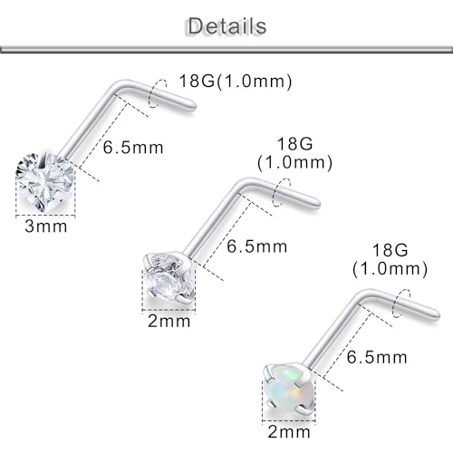 20G 18G 16G Cubic Zirconia Nose Rings Studs 316L Surgical Steel Hypoallergenic Nose Piercings Jewelry for Women Men CZ 2mm-3mm 24 Pcs - color: D-2:18G L Shaped + Silver Tone