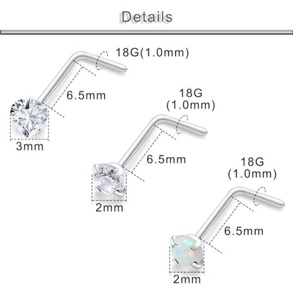 20G 18G 16G Cubic Zirconia Nose Rings Studs 316L Surgical Steel Hypoallergenic Nose Piercings Jewelry for Women Men CZ 2mm-3mm 24 Pcs - color: D-2:18G L Shaped + Silver Tone