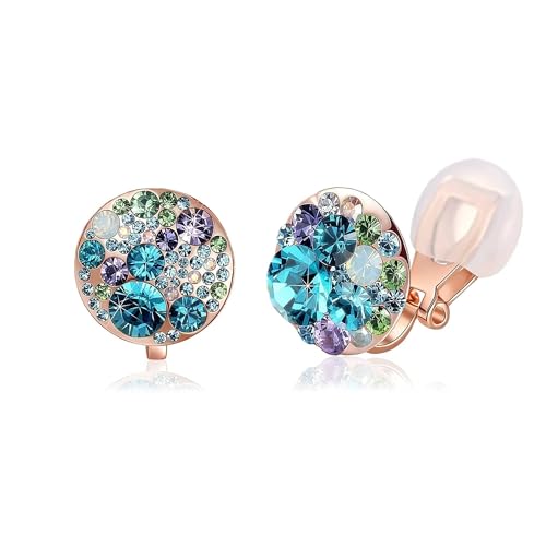 EVEVIC Multicolor Austrian Crystal Round Clip On Earrings for Women | 14K Gold Plated,Silicone Comfort Pad,Playful Colorful Crystal,Gift Box Included,Perfect for Daily Wear and Special Events - color: Blue Green Crystals/Rose Gold-tone