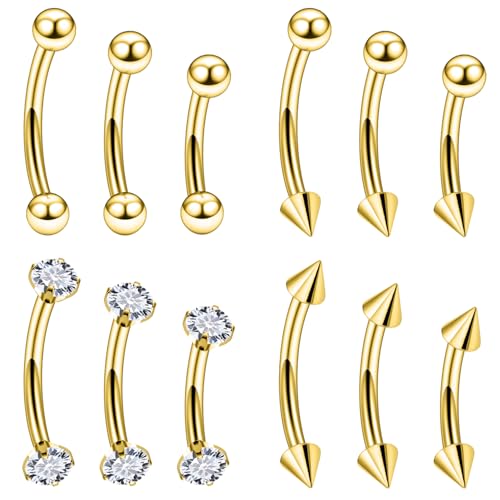 Rook Daith Piercing Jewelry 16G Stainless Surgical Steel Curved Barbell Eyebrow Rings Vertical Labret Lip Piercing Jewelry Rook Daith Earrings for Women Men 6MM 8MM 10MM Hypoallergenic - color: Gold-6MM 8MM 10MM