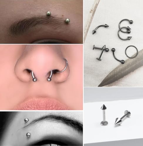 40Pcs 16G Lip Rings Stainless Steel Horseshoe Labret Monroe Lip Barbell Eyebrow Nose Ring Medusa Piercing Jewelry for Women Men - color: black