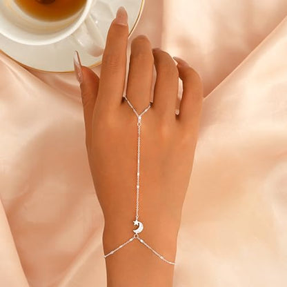 925 Sterling Silver Hand Chain Bracelet for Women | 14k Gold Plated CZ Crystal Heart Starburst Ring Bracelets Hand Chain Diamond Layered Stackable Link Chain Beach Jewelry Gifts - color: SilverE