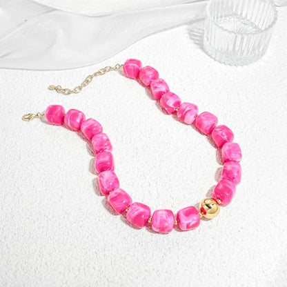 Chunky Colorful Beaded Choker Necklace for Women, Summer Beach Statement Resin Beads Necklace, Trendy Womens Summer Beach Jewelry Birthday Gifts for Vacation Holiday - color: Square Hot Pink Bead