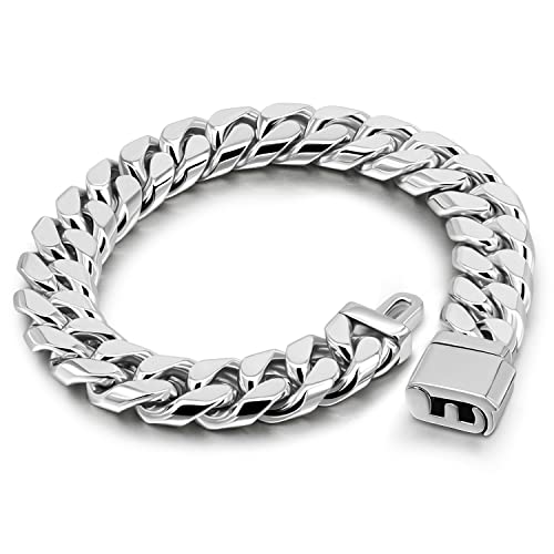 H&Beautimer 925 Sterling Silver Italian Handmade - 0.25-0.5'' Classic Miami Cuban Chain Bracelet For Men - Party Fine Jewelry Original Silver Bracelet 7-10'' Length - color: Box Closure 12MM, size: 8.5 Inches