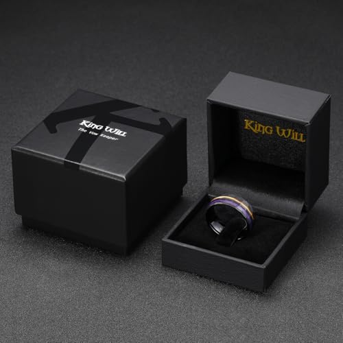 King Will Black Tungsten Rings for Men Hammer Wedding Band | Black, Grooved, Hammer Wedding Band Gold Groove, Sand Inlay, Everyday Wear - color: Black & Purple Sand Inlay