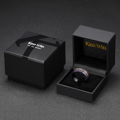 King Will Black Tungsten Rings for Men Hammer Wedding Band | Black, Grooved, Hammer Wedding Band Gold Groove, Sand Inlay, Everyday Wear - color: Black & Purple Sand Inlay
