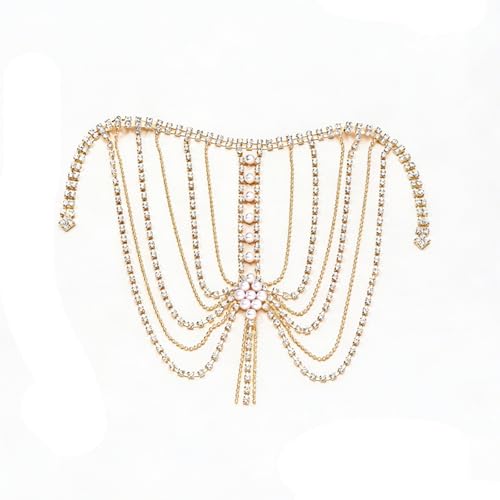 Mulit-layered Pearl Shoulder Chain Jewelry Festival Rave Rhinestone Bra Chain Sexy Bridal Wedding Crystal Arm Chain Jewelry for Women - color: Gold