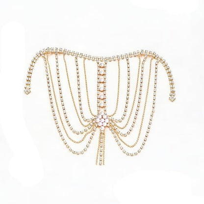 Mulit-layered Pearl Shoulder Chain Jewelry Festival Rave Rhinestone Bra Chain Sexy Bridal Wedding Crystal Arm Chain Jewelry for Women - color: Gold