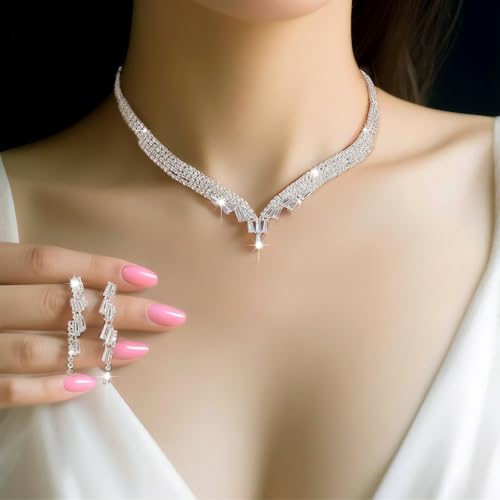 Women's Fashion Jewelry Rhinestone Zircon Necklace and Earring Set Formal Ball Gown Accessories Silver Floral Pendant Bridal Wedding Jewelry Suitable for Weddings, Balls, Banquets, and All Special Occasions - style: GST003
