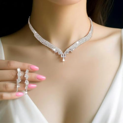 Women's Fashion Jewelry Rhinestone Zircon Necklace and Earring Set Formal Ball Gown Accessories Silver Floral Pendant Bridal Wedding Jewelry Suitable for Weddings, Balls, Banquets, and All Special Occasions - style: GST003